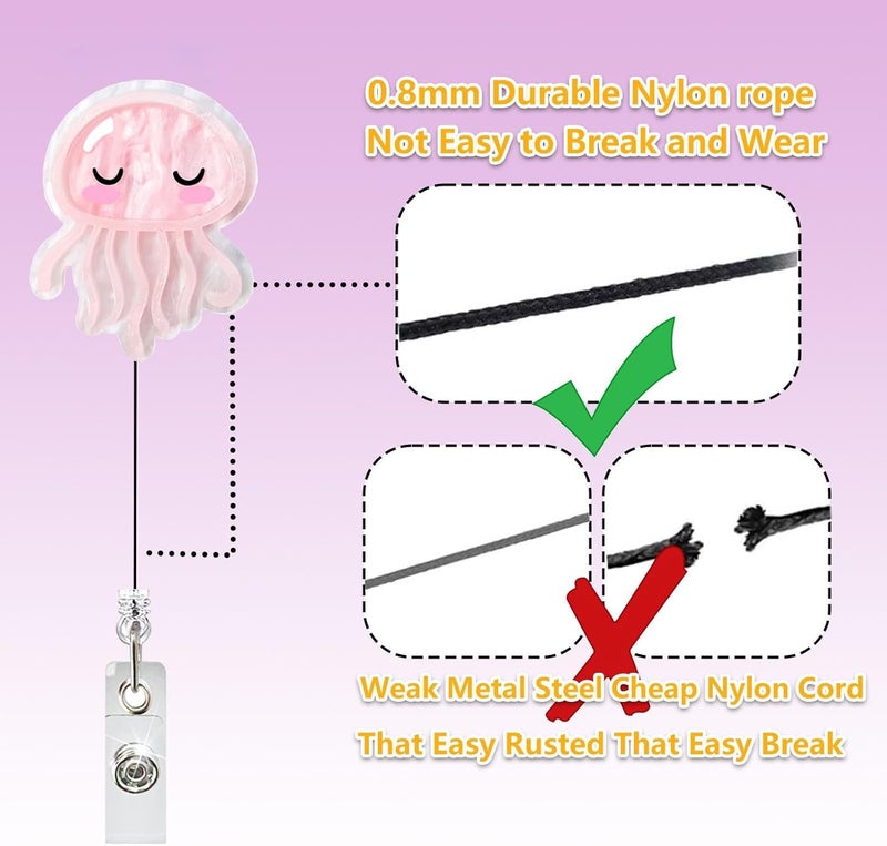 LEBEIGHT Pink Jellyfish Badge Reel Retractable for Nurse, Doctor, Medical Worker & Nursing Student | Cute Pediatric Nurse ID Name Badge Holder with Alligator Clip & 24” Durable Nylon Retractable Cord | Acrylic - Image 4
